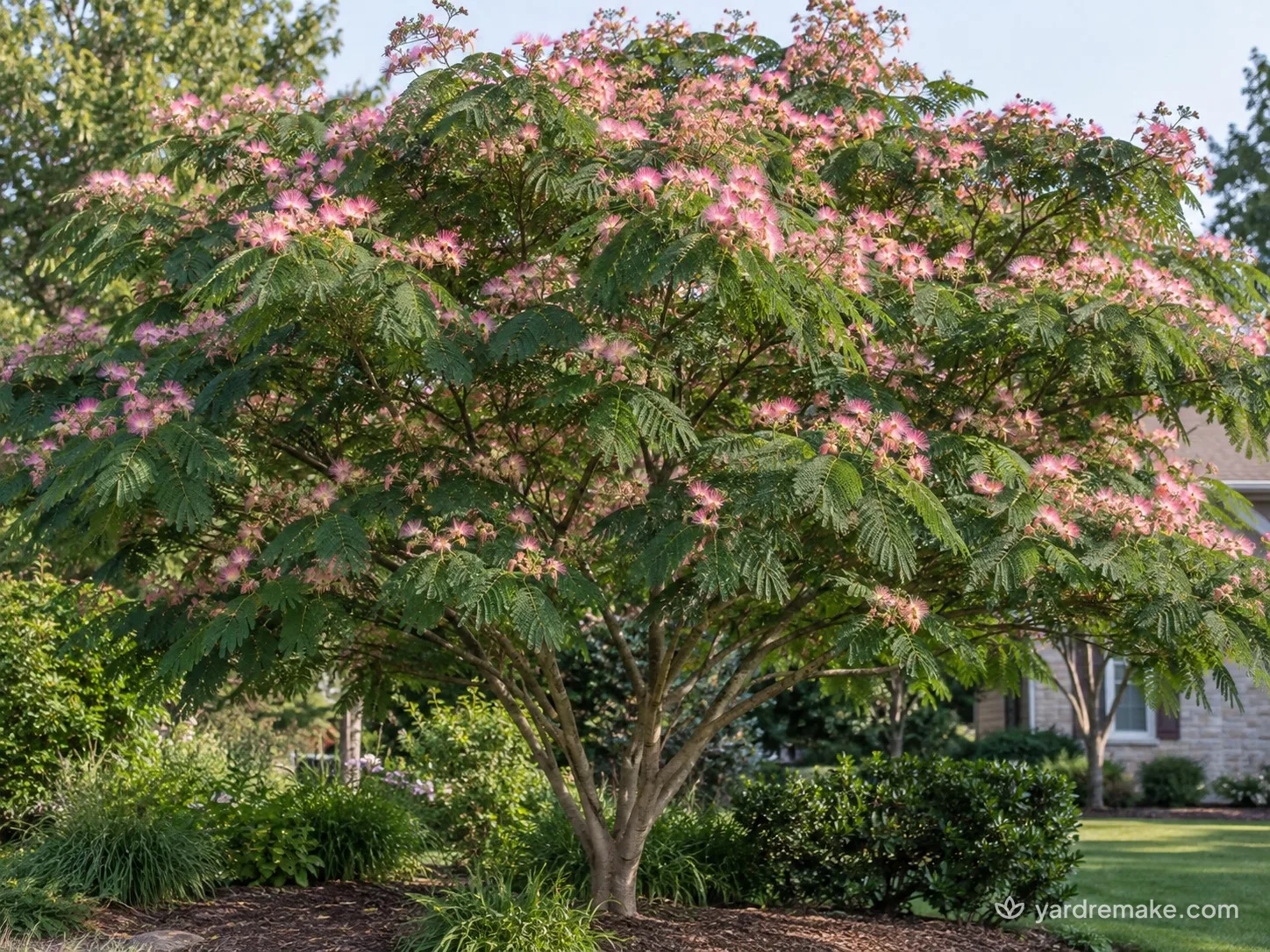 A mature Silk Tree (Mimosa) (Albizia julibrissin) growing in a residential garden bed
