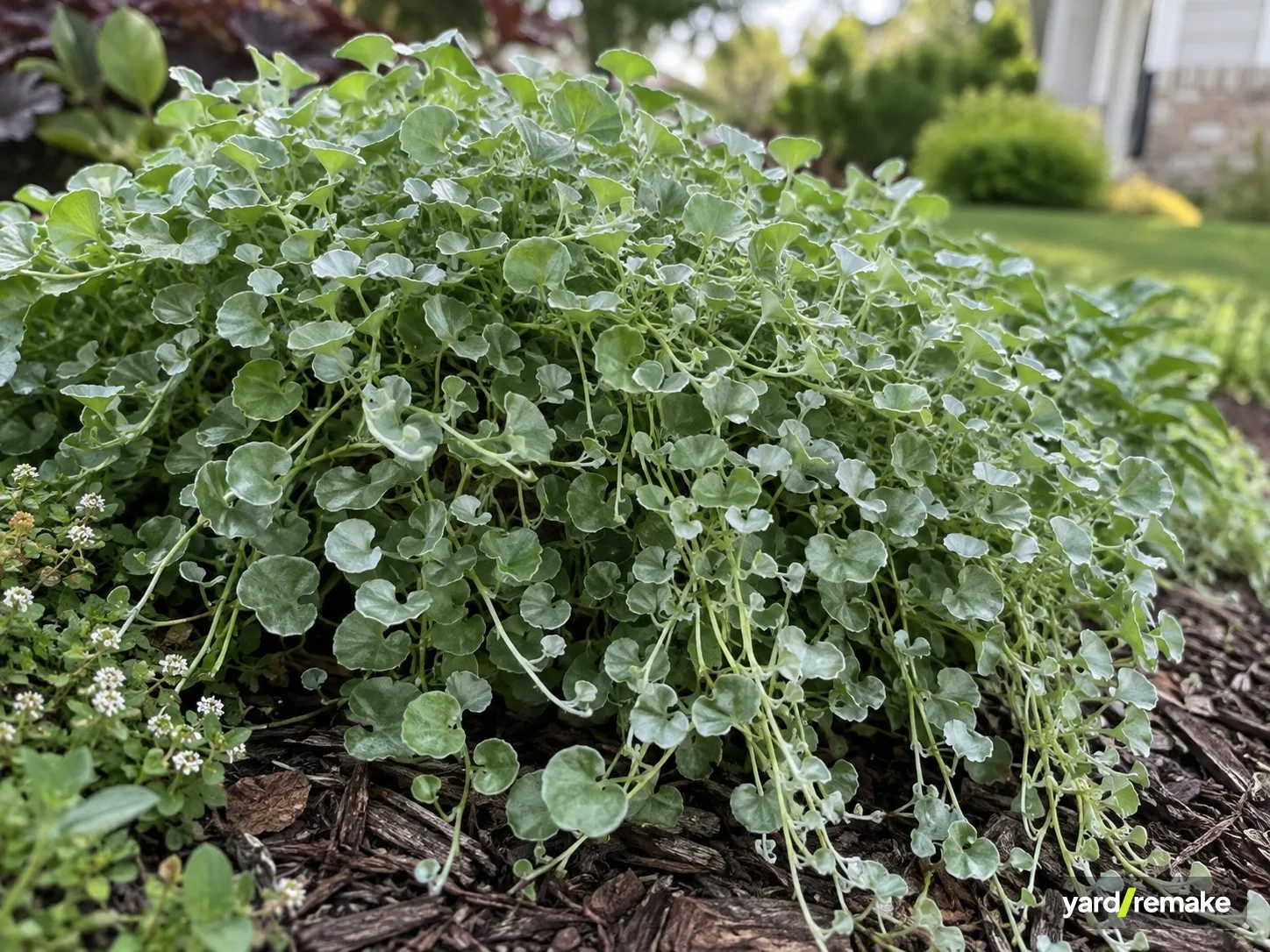 A mature Silver Falls Dichondra (Dichondra argentea 'Silver Falls') growing in a residential garden bed