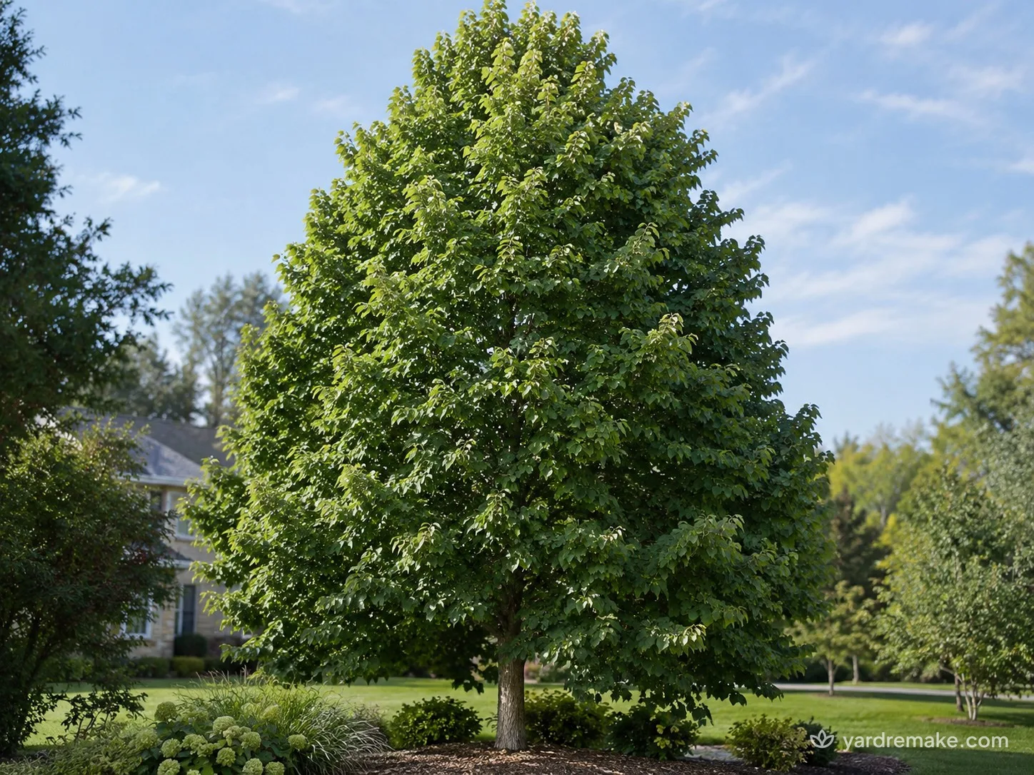 A mature Silver Linden (Tilia tomentosa) growing in a residential garden bed