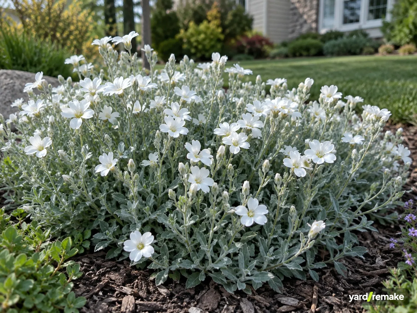A mature Snow-in-Summer (Cerastium tomentosum) growing in a residential garden bed