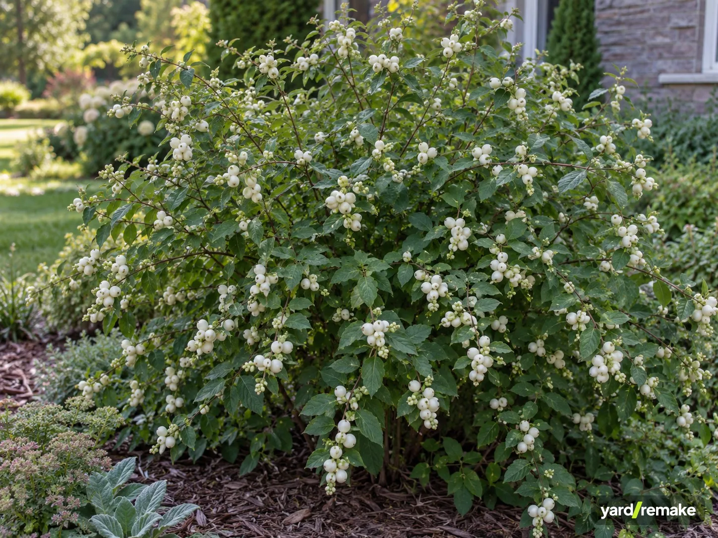 A mature Snowberry (Symphoricarpos albus) growing in a residential garden bed