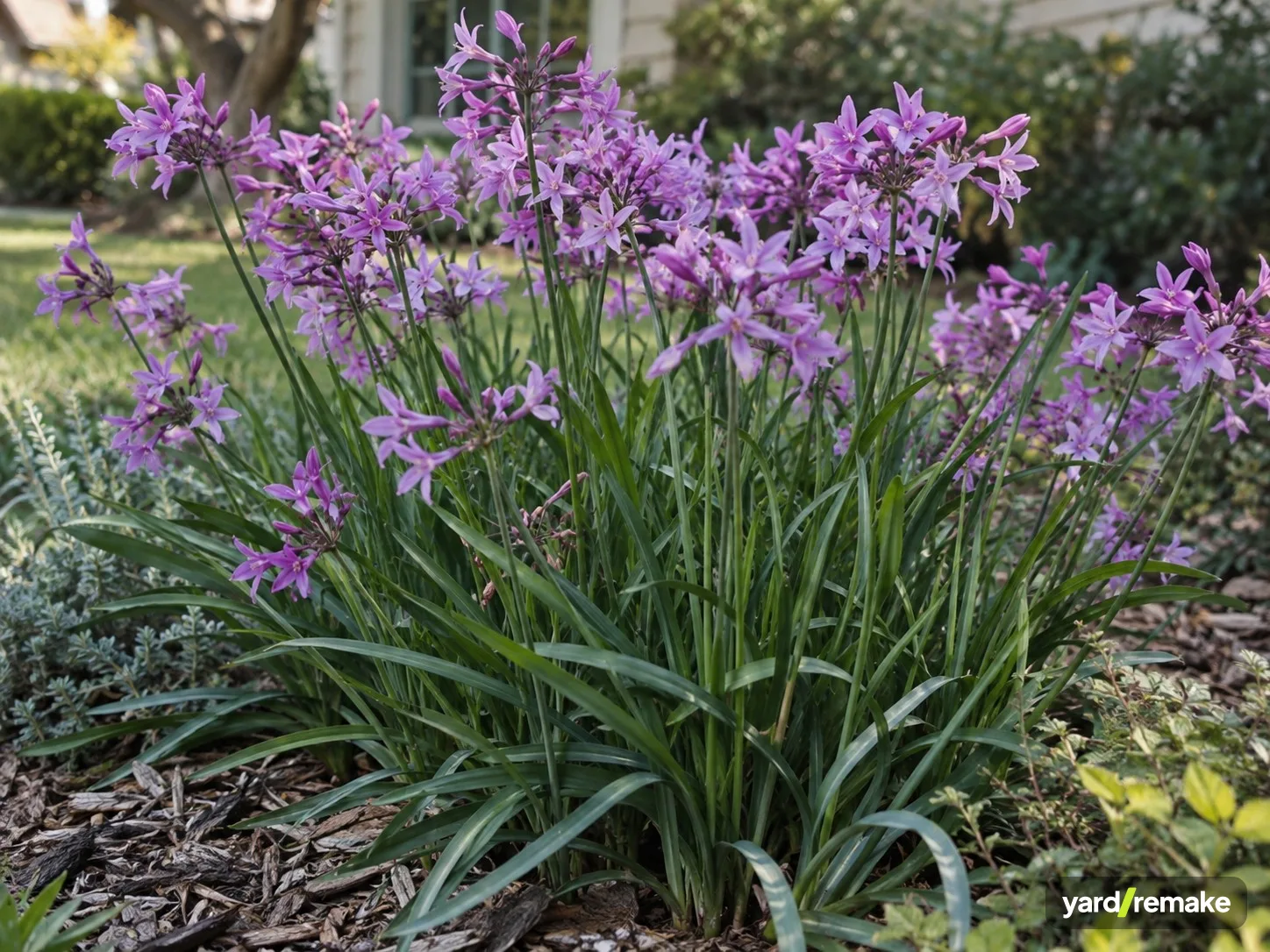 A mature Society Garlic (Tulbaghia violacea) growing in a residential garden bed