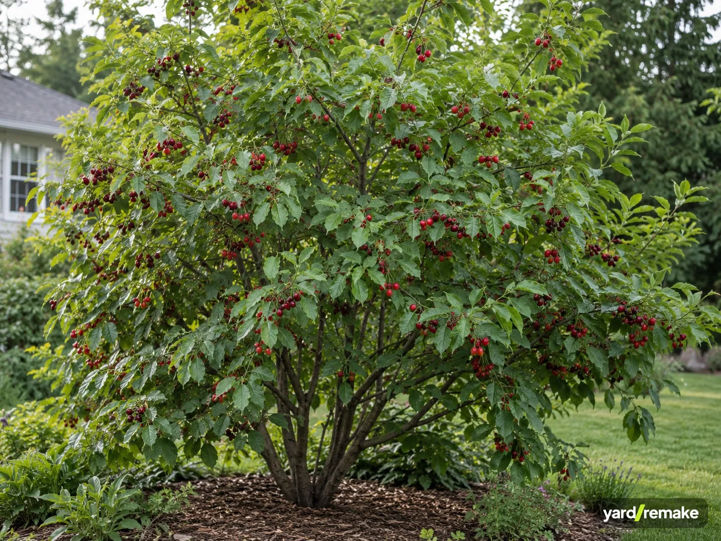 A mature Sour Cherry (Prunus cerasus) growing in a residential garden bed
