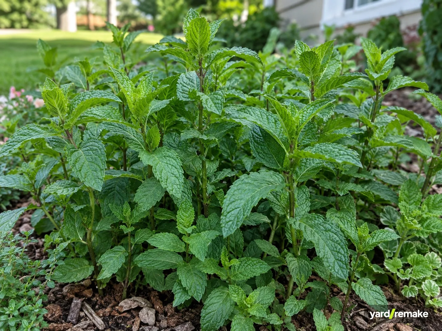 A mature Spearmint (Mentha spicata) growing in a residential garden bed