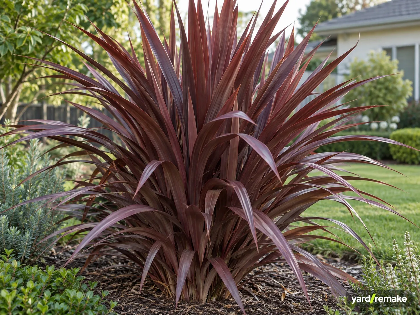 A mature Spike / Red Star Cabbage Palm (Cordyline australis 'Red Star') growing in a residential garden bed