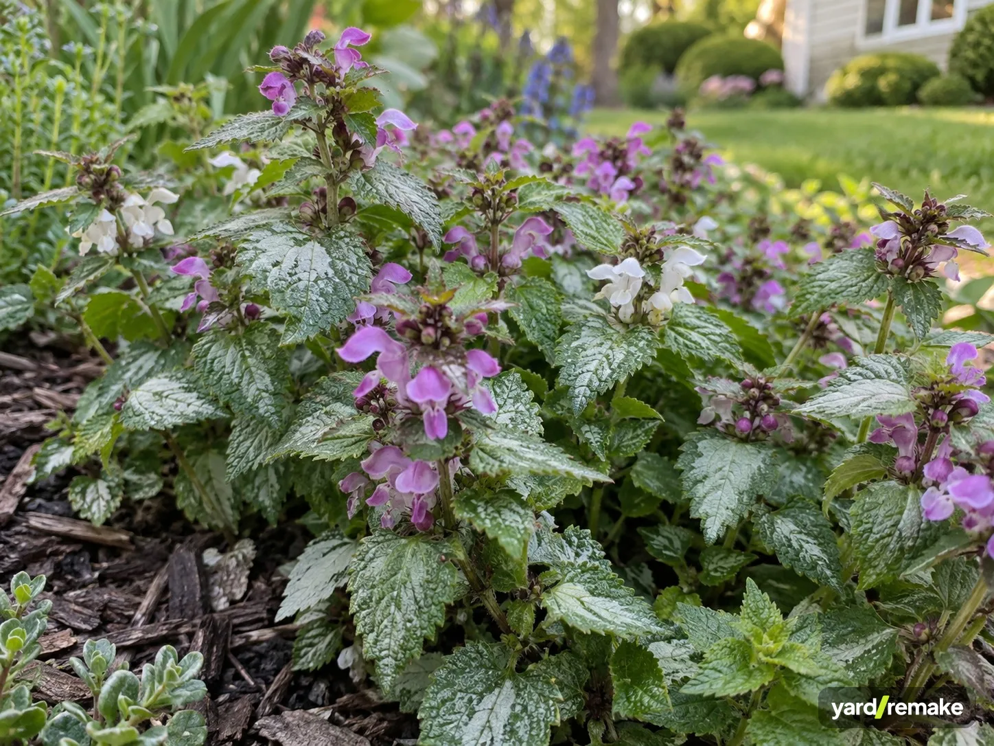 A mature Spotted Deadnettle (Lamium maculatum) growing in a residential garden bed