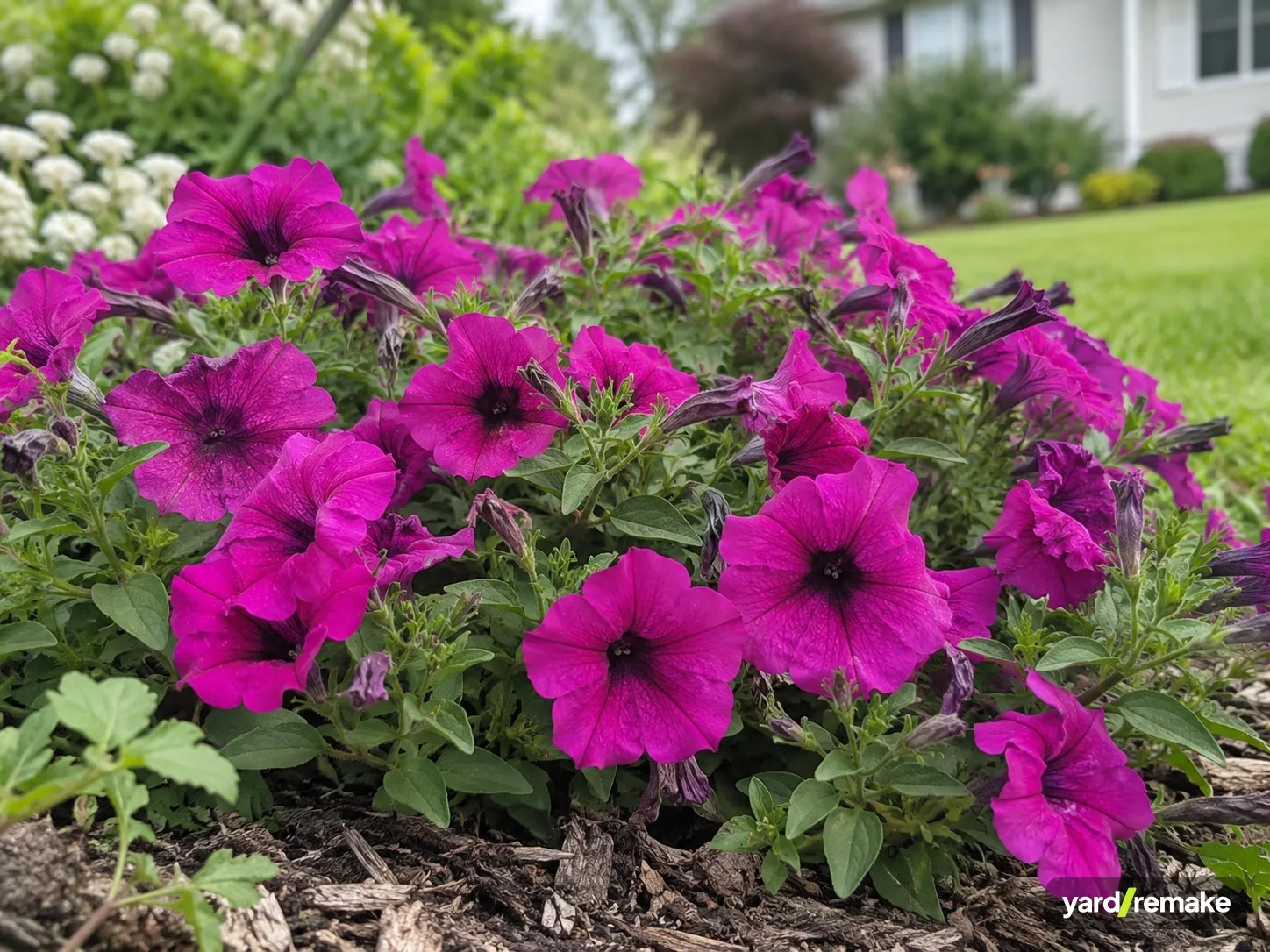 A mature Spreading Petunia (Wave type) (Petunia x atkinsiana (spreading / trailing series)) growing in a residential garden bed