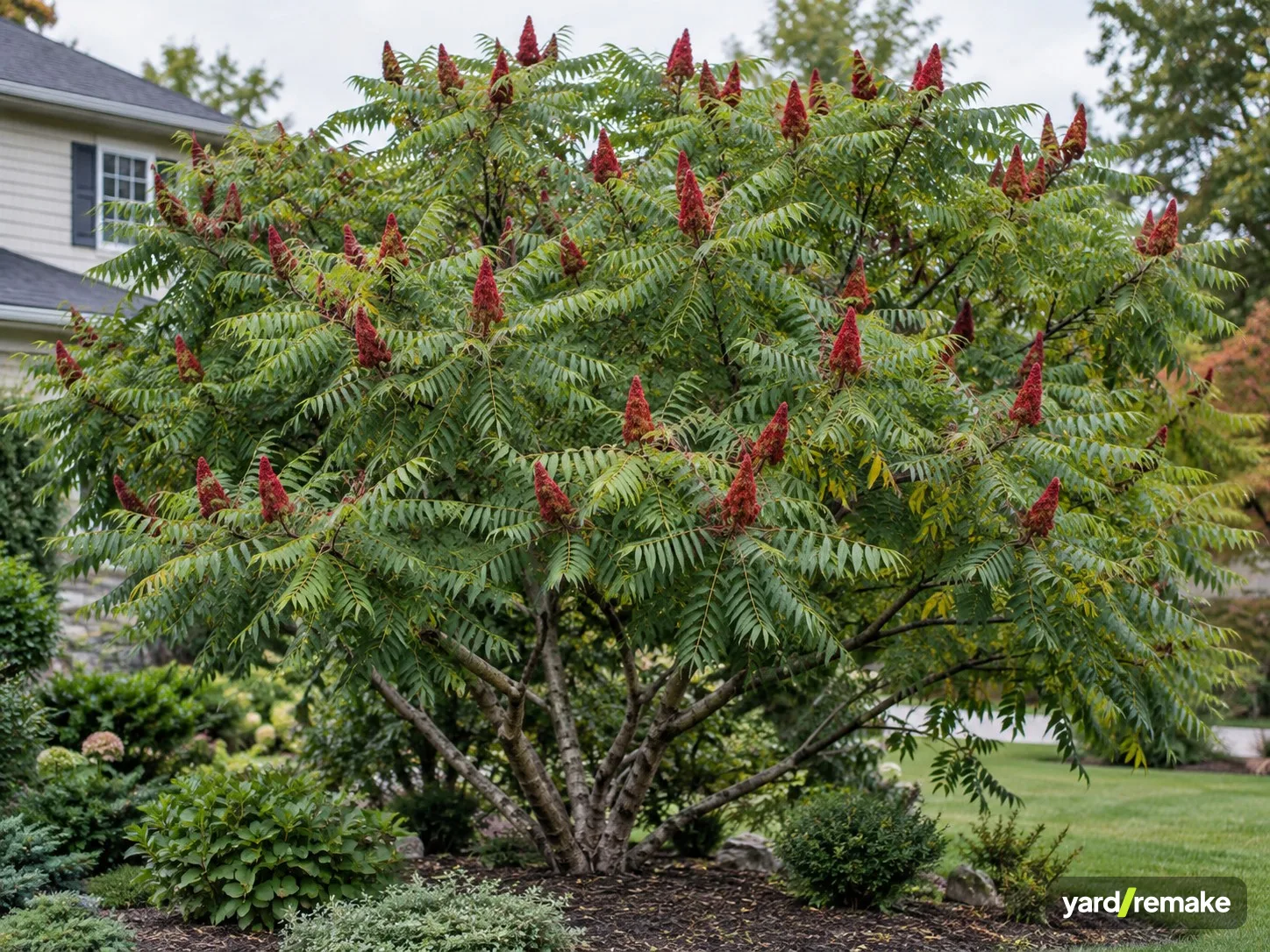 A mature Staghorn Sumac (Rhus typhina) growing in a residential garden bed
