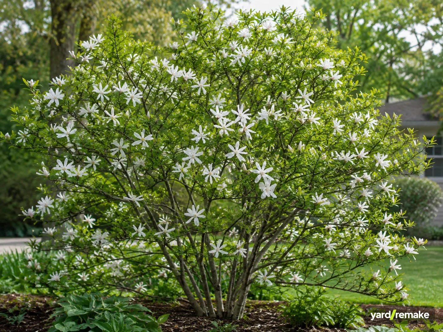 A mature Star Magnolia (Magnolia stellata) growing in a residential garden bed
