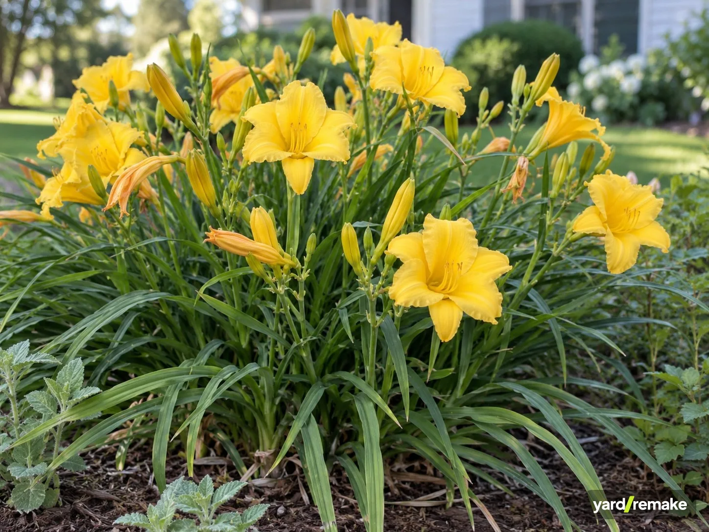 A mature Stella de Oro Daylily (Hemerocallis 'Stella de Oro') growing in a residential garden bed