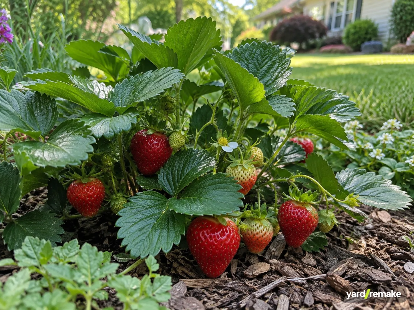 A mature Strawberry (Fragaria × ananassa) growing in a residential garden bed