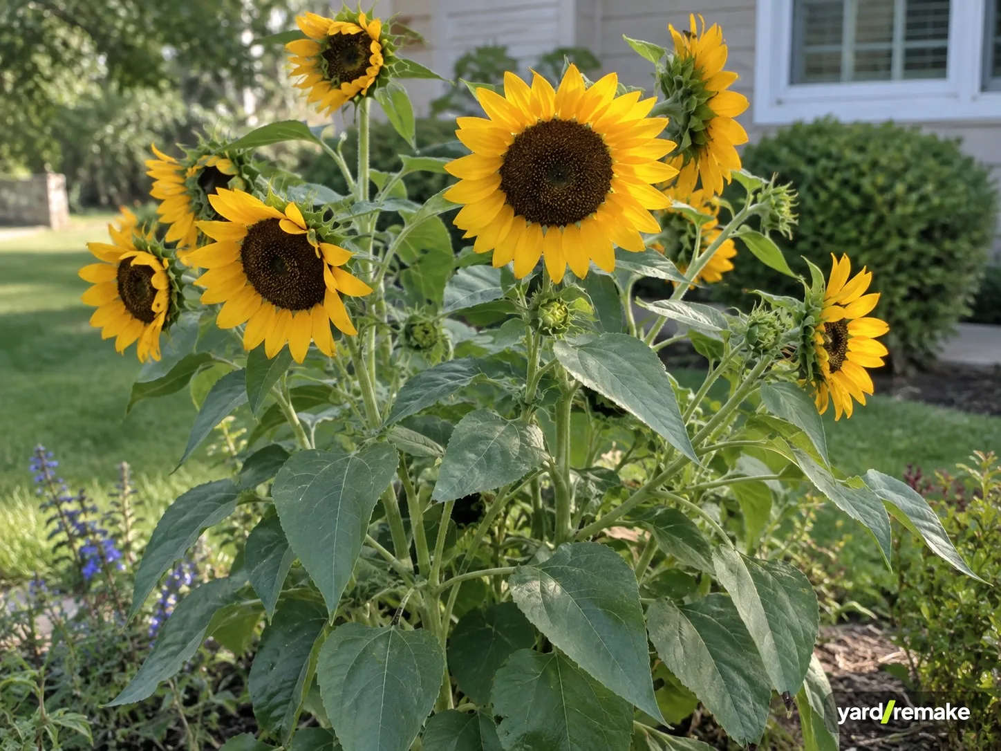 A mature Common Sunflower (Helianthus annuus) growing in a residential garden bed