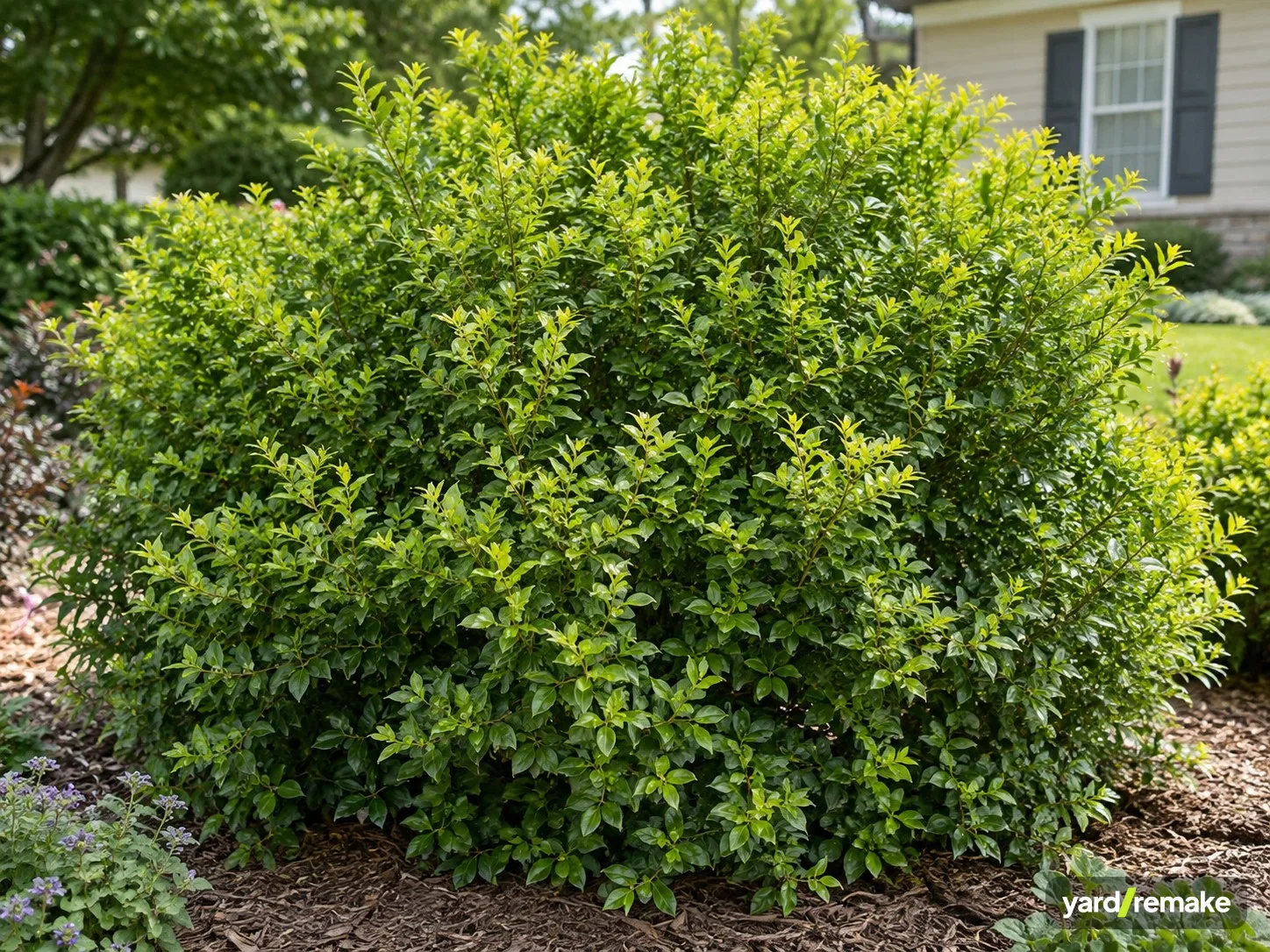 A mature Sunshine Ligustrum (Ligustrum sinense 'Sunshine') growing in a residential garden bed