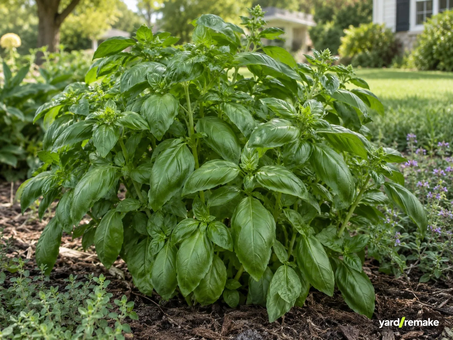 A mature Sweet Basil (Ocimum basilicum) growing in a residential garden bed
