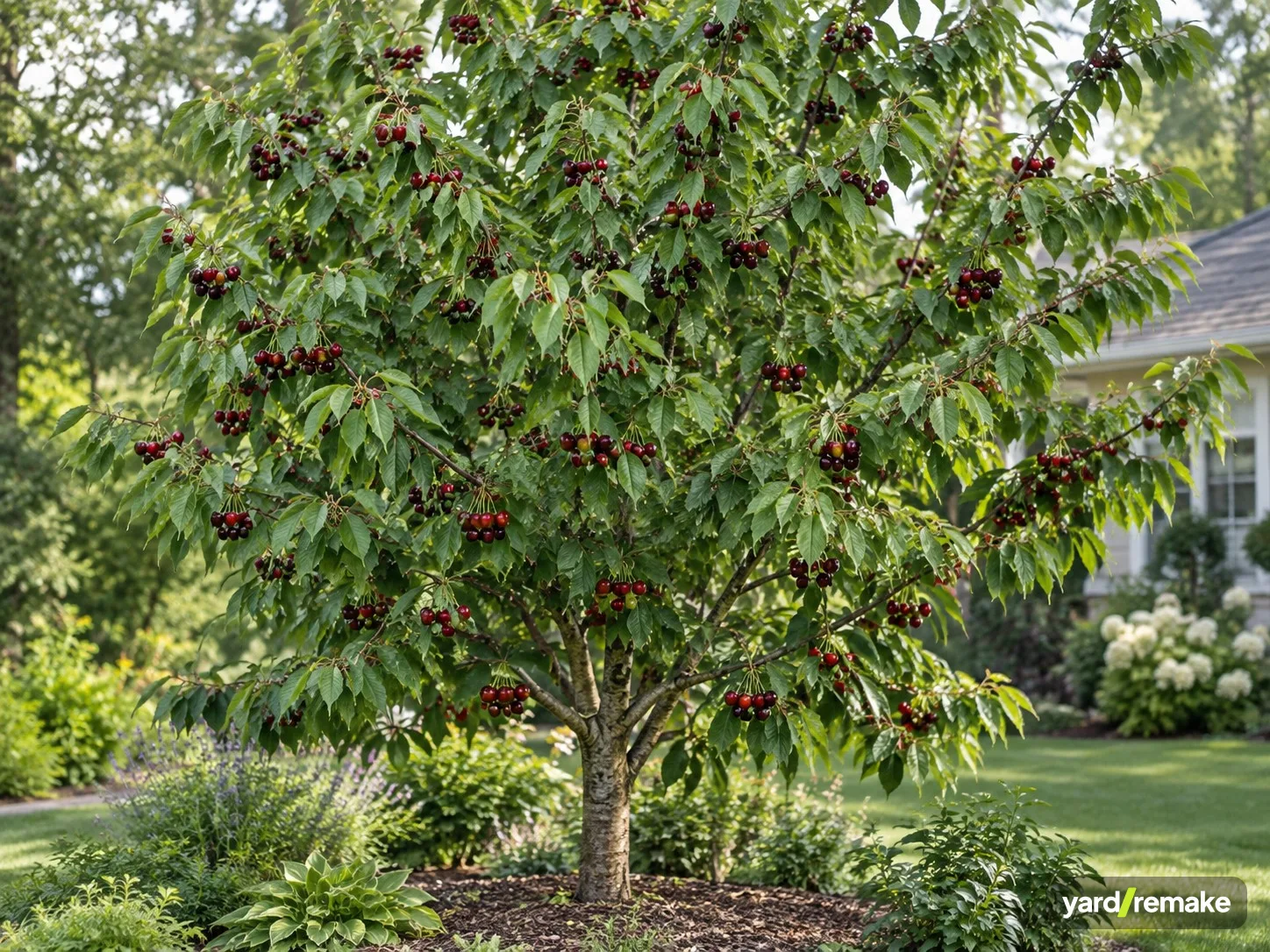 A mature Sweet Cherry (Prunus avium) growing in a residential garden bed