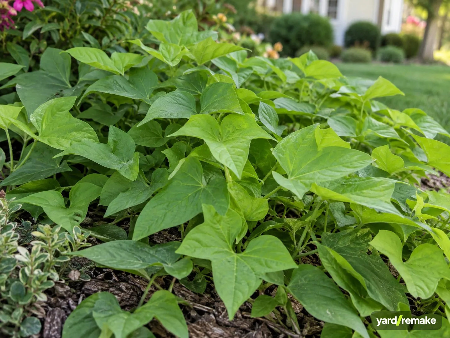 A mature Sweet Potato Vine (Ipomoea batatas) growing in a residential garden bed