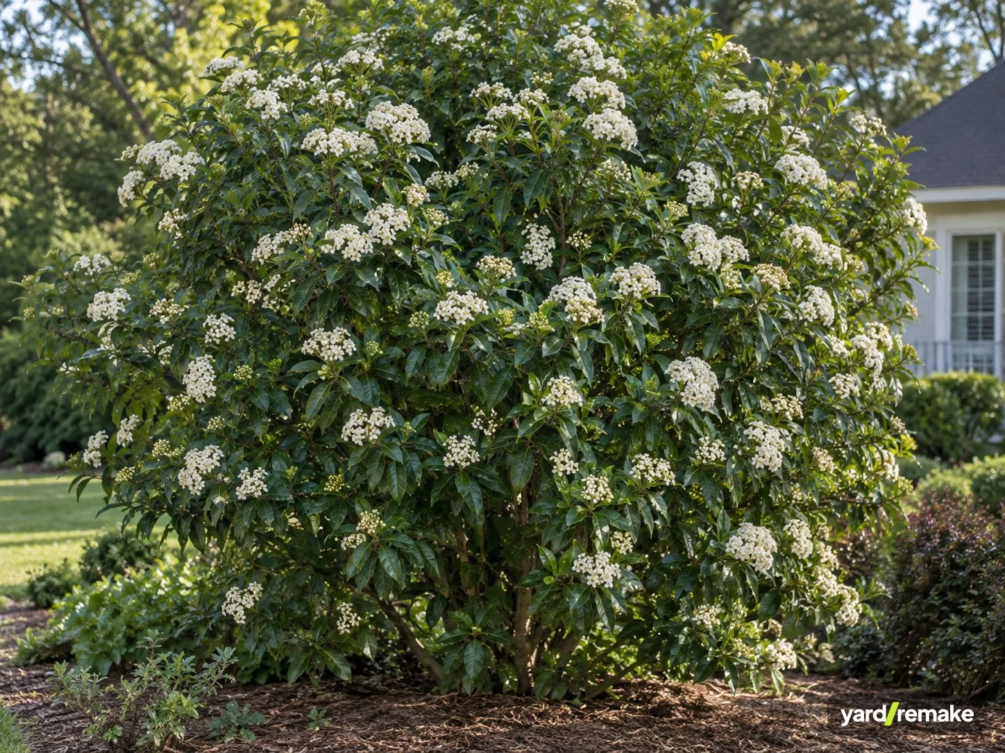 A mature Sweet Viburnum (Viburnum odoratissimum) growing in a residential garden bed