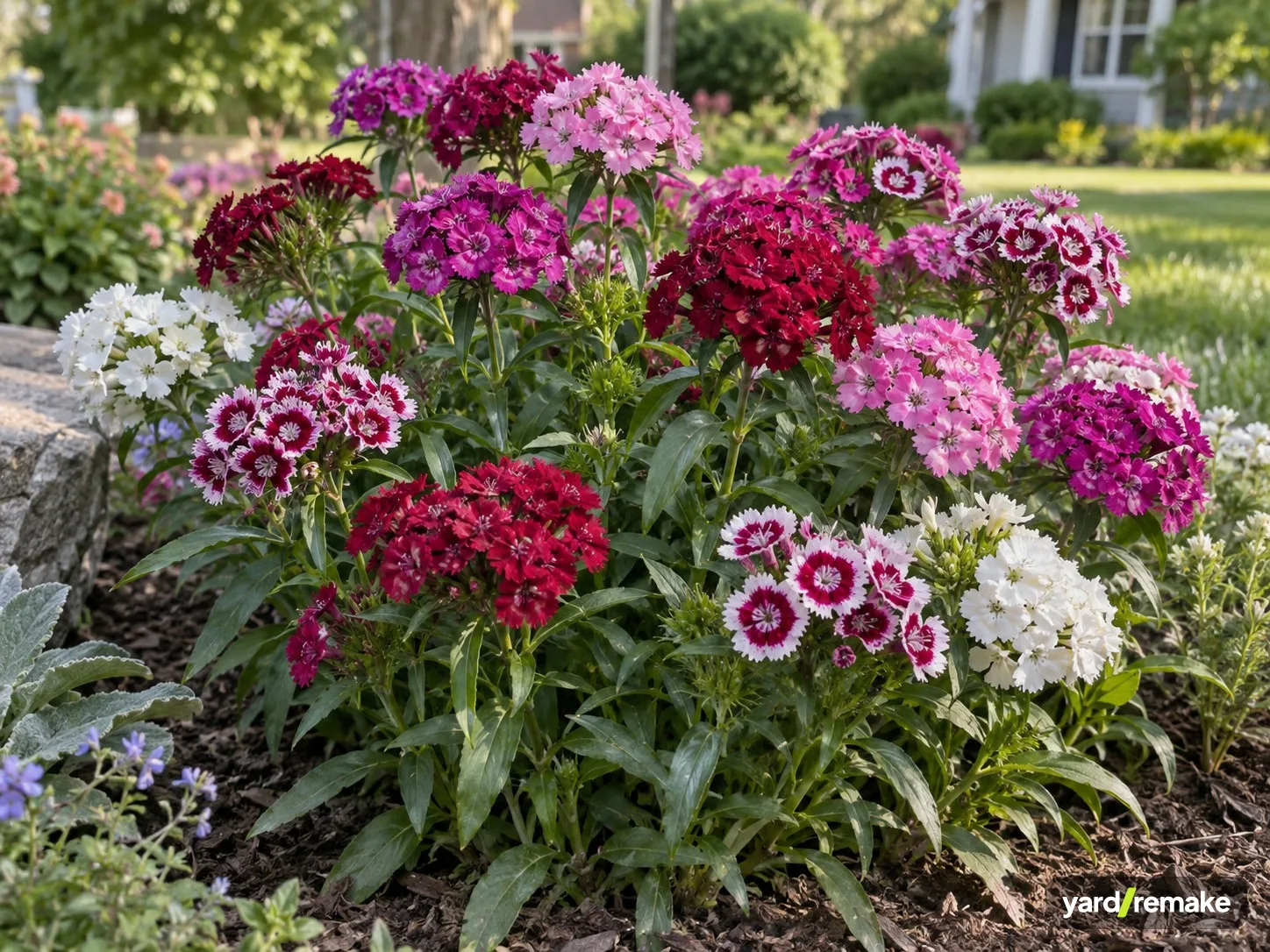 A mature Sweet William (Dianthus barbatus) growing in a residential garden bed