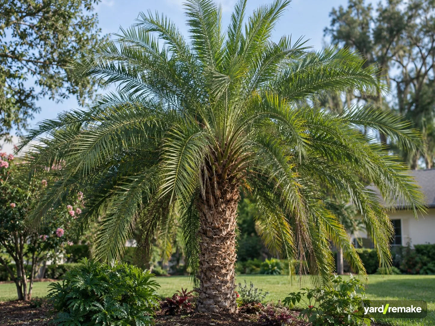 A mature Sylvester Palm (Phoenix sylvestris) growing in a residential garden bed