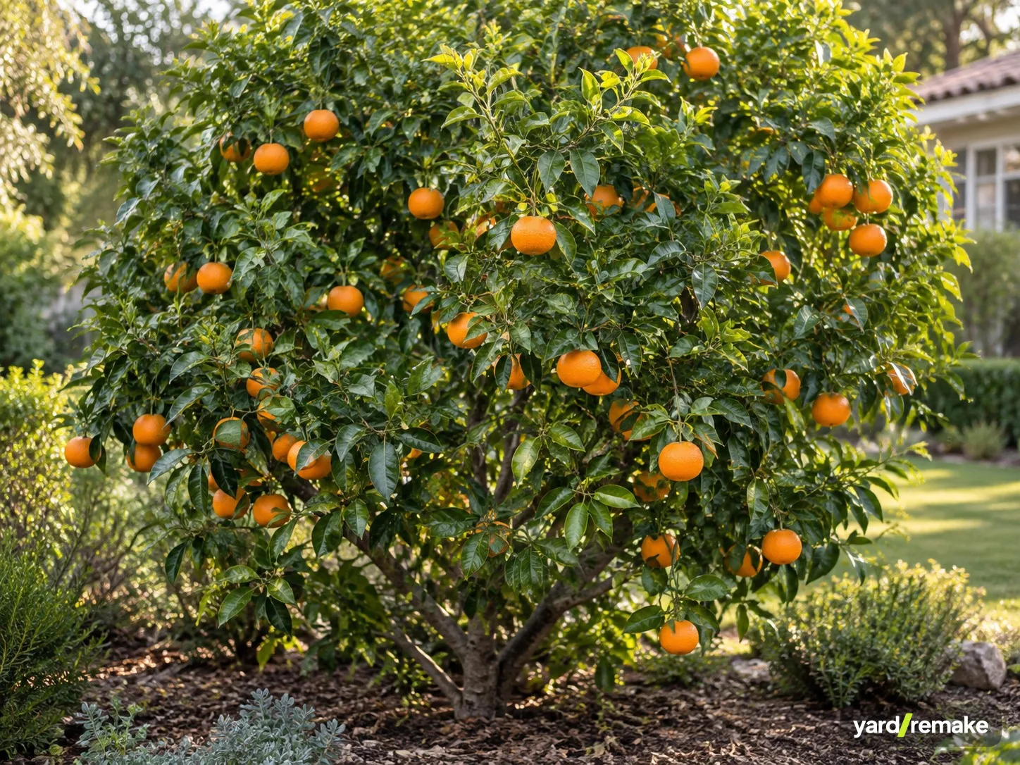 A mature Tangerine (Citrus reticulata) growing in a residential garden bed