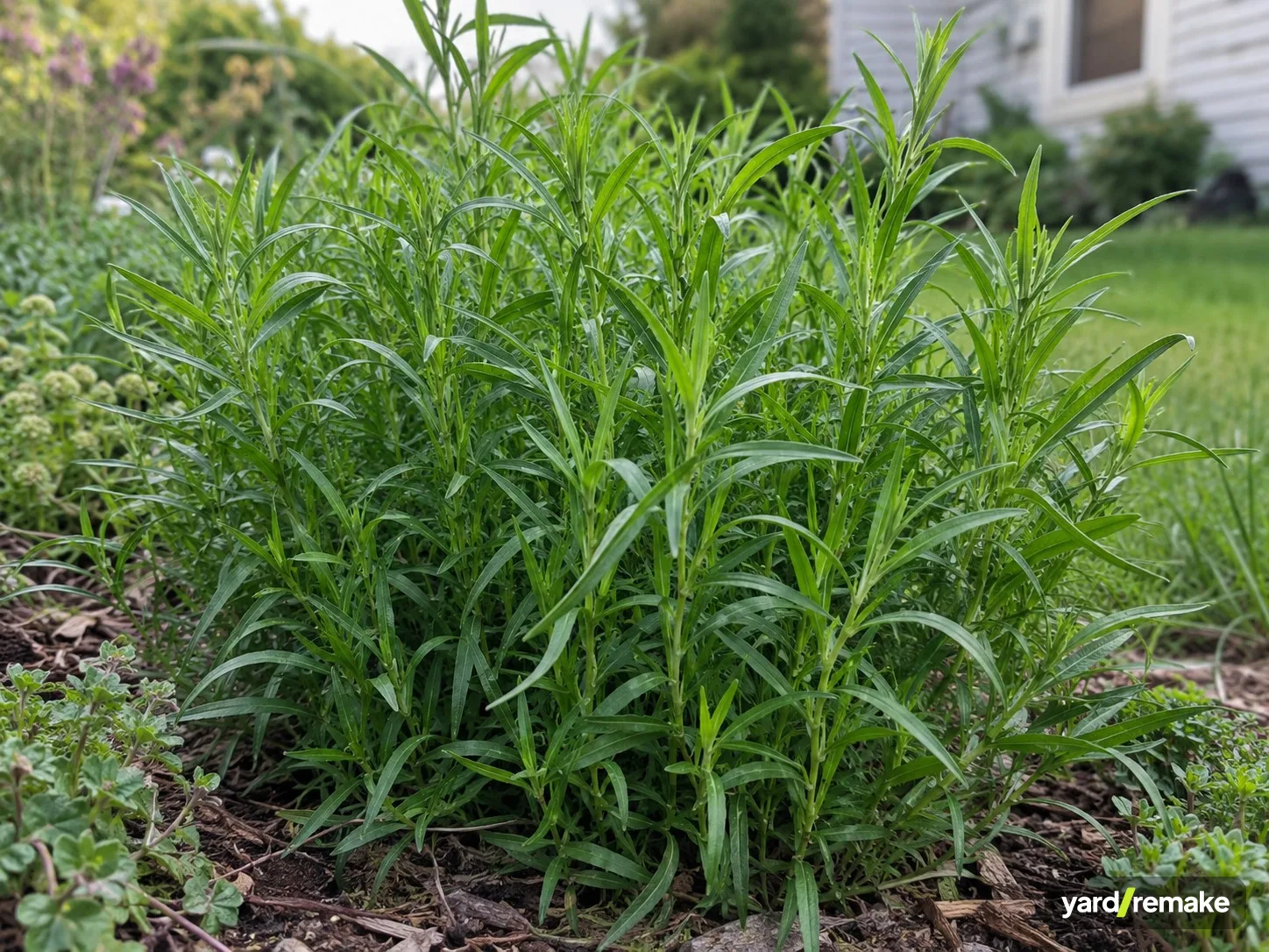 A mature Tarragon (Artemisia dracunculus) growing in a residential garden bed
