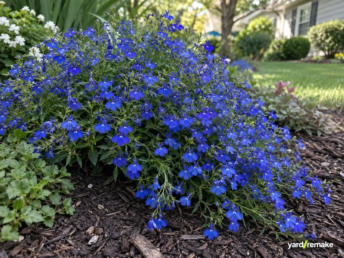 A mature Trailing Lobelia (Lobelia erinus (trailing / cascading series)) growing in a residential garden bed