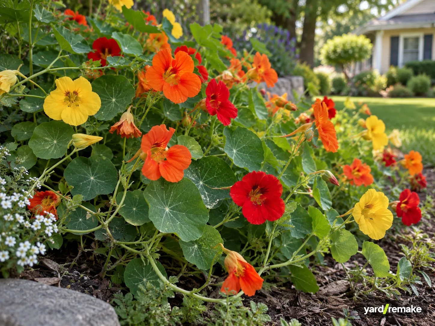 A mature Trailing Nasturtium (Tropaeolum majus (trailing types — 'Jewel' series, 'Alaska' for variegated foliage)) growing in a residential garden bed