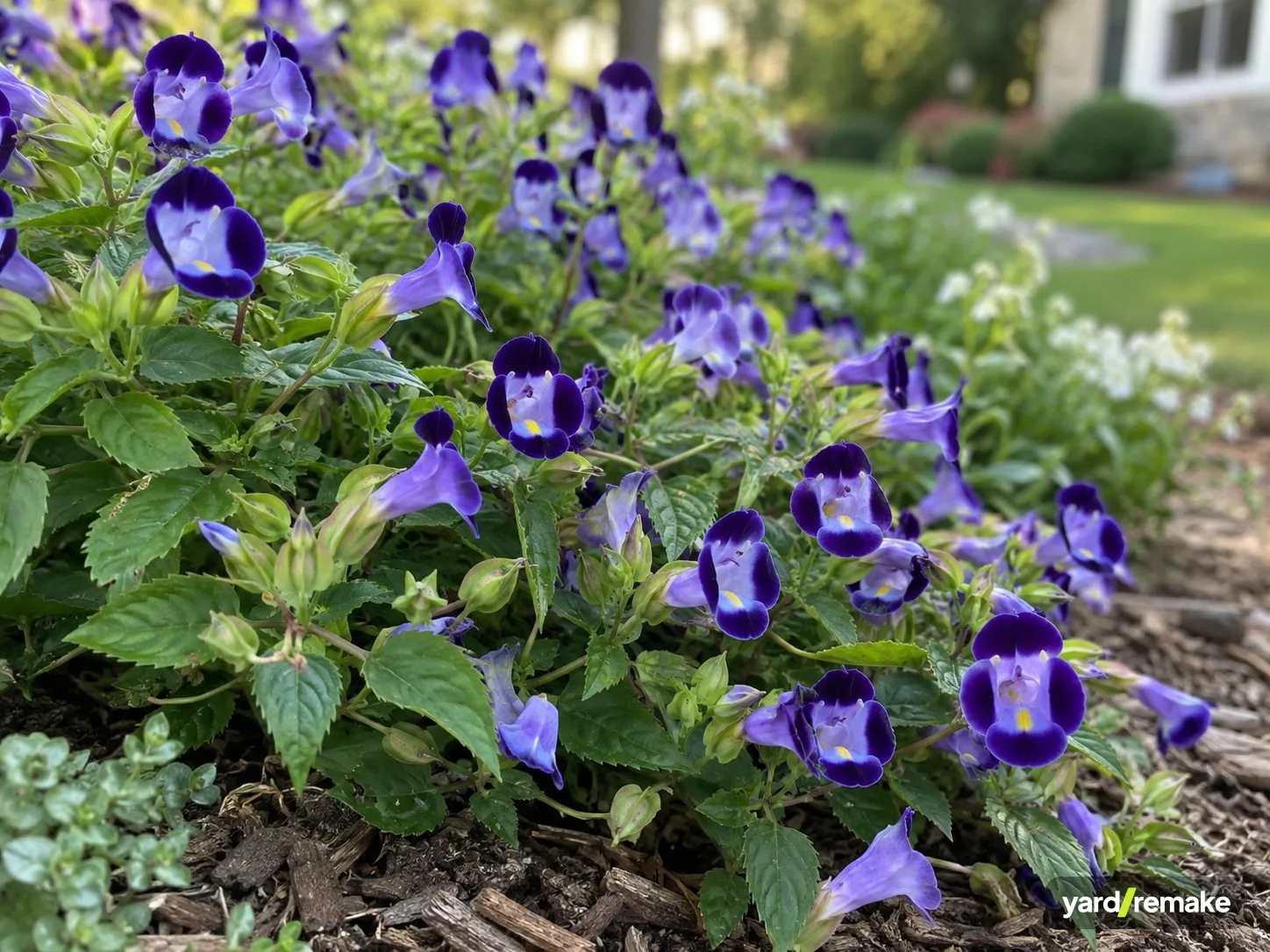A mature Trailing Wishbone Flower (Torenia fournieri (trailing hybrids)) growing in a residential garden bed