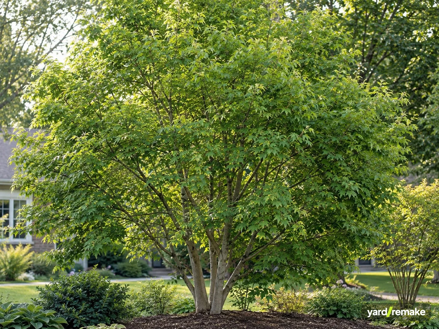 A mature Trident Maple (Acer buergerianum) growing in a residential garden bed