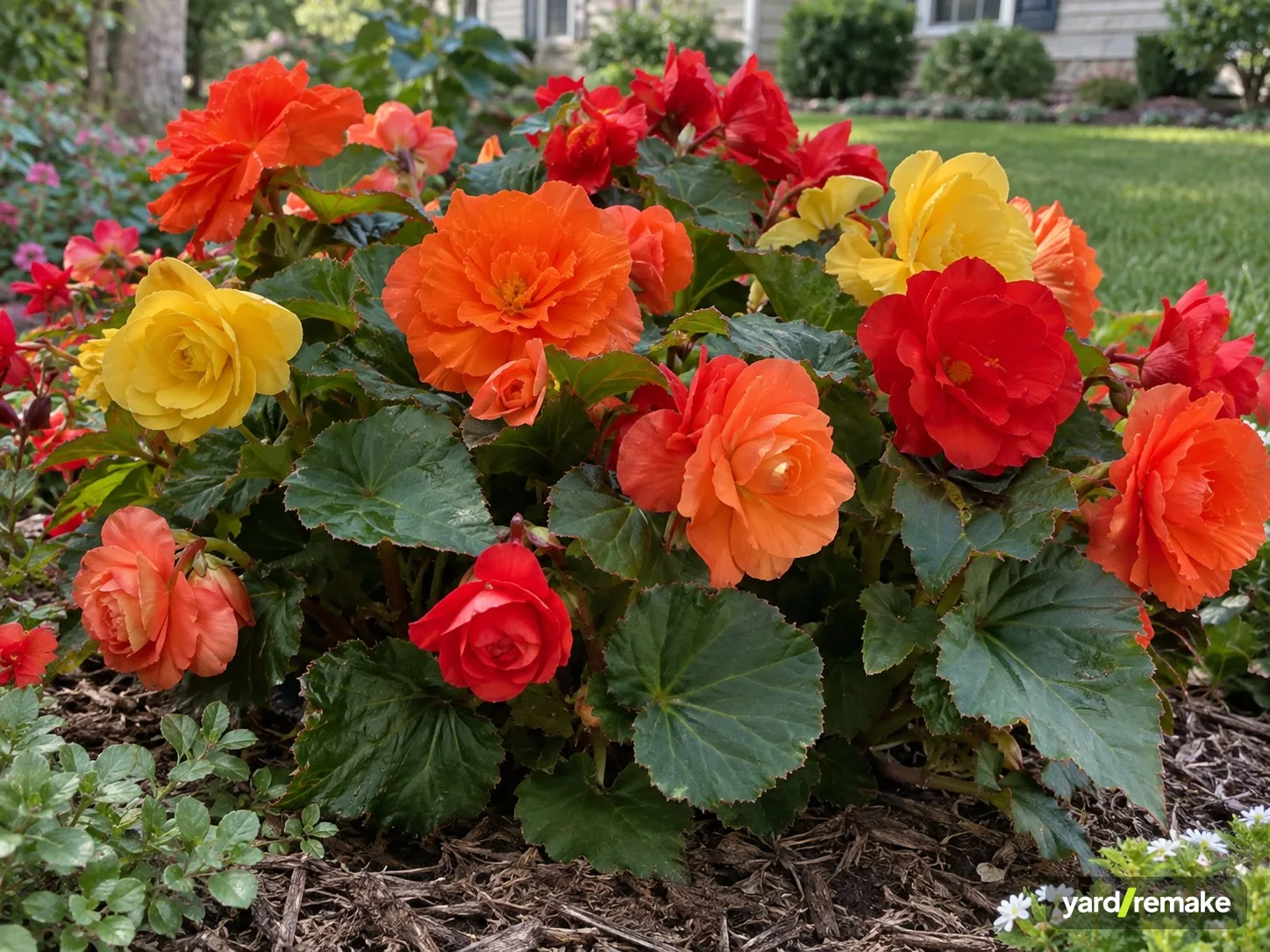A mature Tuberous Begonia (Begonia x tuberhybrida) growing in a residential garden bed