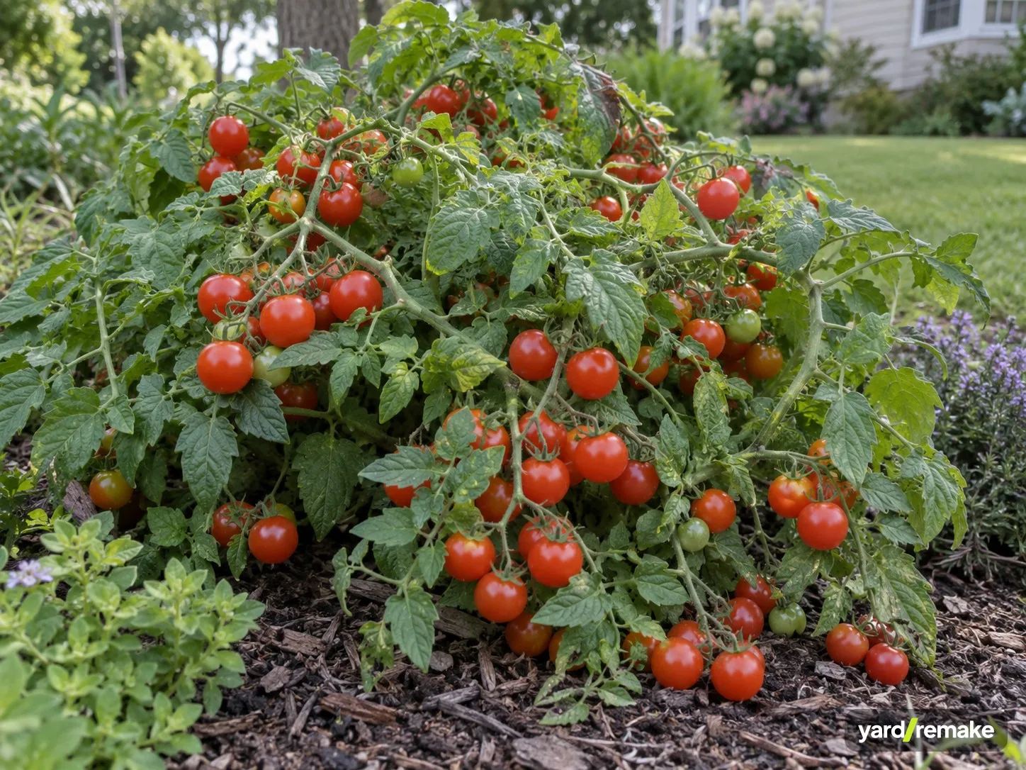 A mature Tumbling Cherry Tomato (Solanum lycopersicum 'Tumbler' (also sold as 'Tumbling Tom')) growing in a residential garden bed