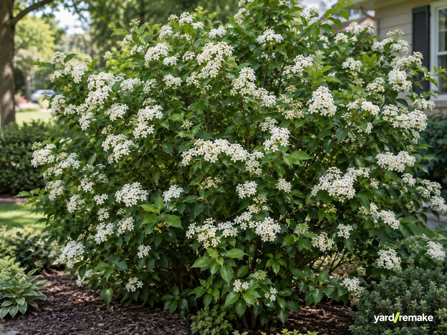 A mature Walter's Viburnum (Viburnum obovatum) growing in a residential garden bed