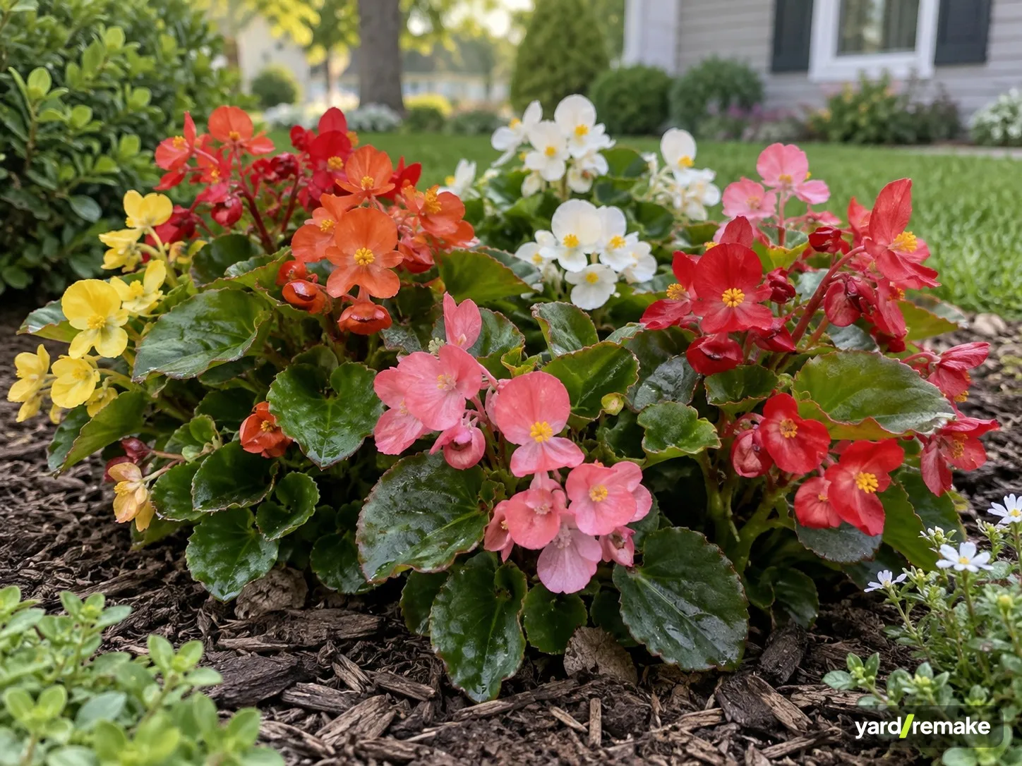 A mature Wax Begonia (Begonia semperflorens) growing in a residential garden bed