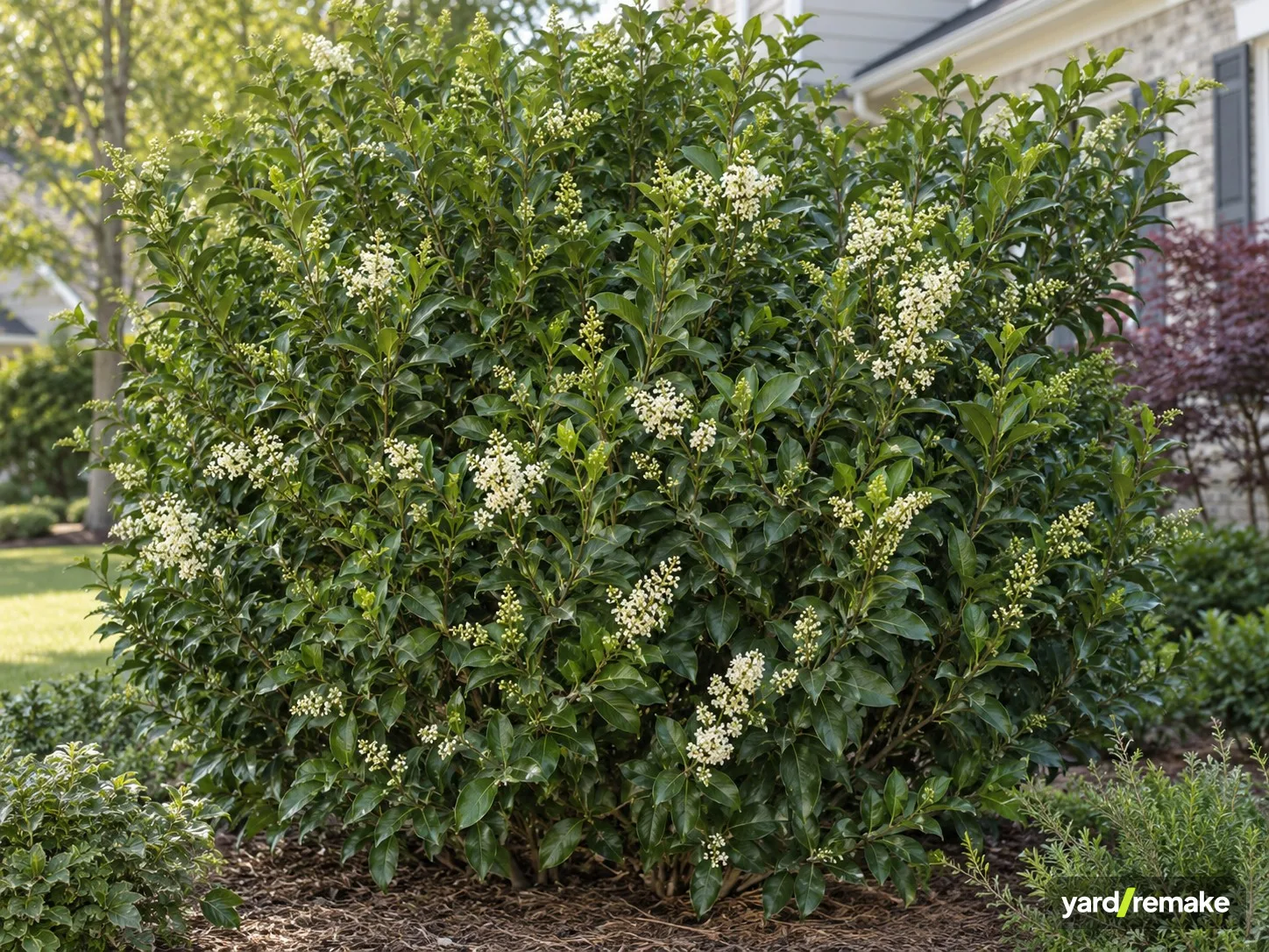 A mature Waxleaf Privet (Ligustrum japonicum) growing in a residential garden bed