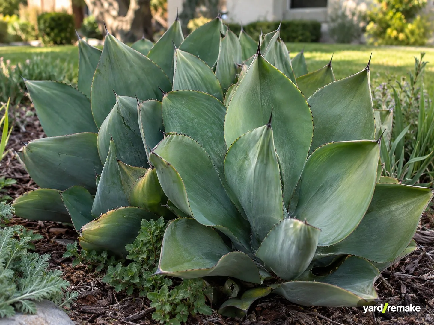 A mature Whale's Tongue Agave (Agave ovatifolia) growing in a residential garden bed