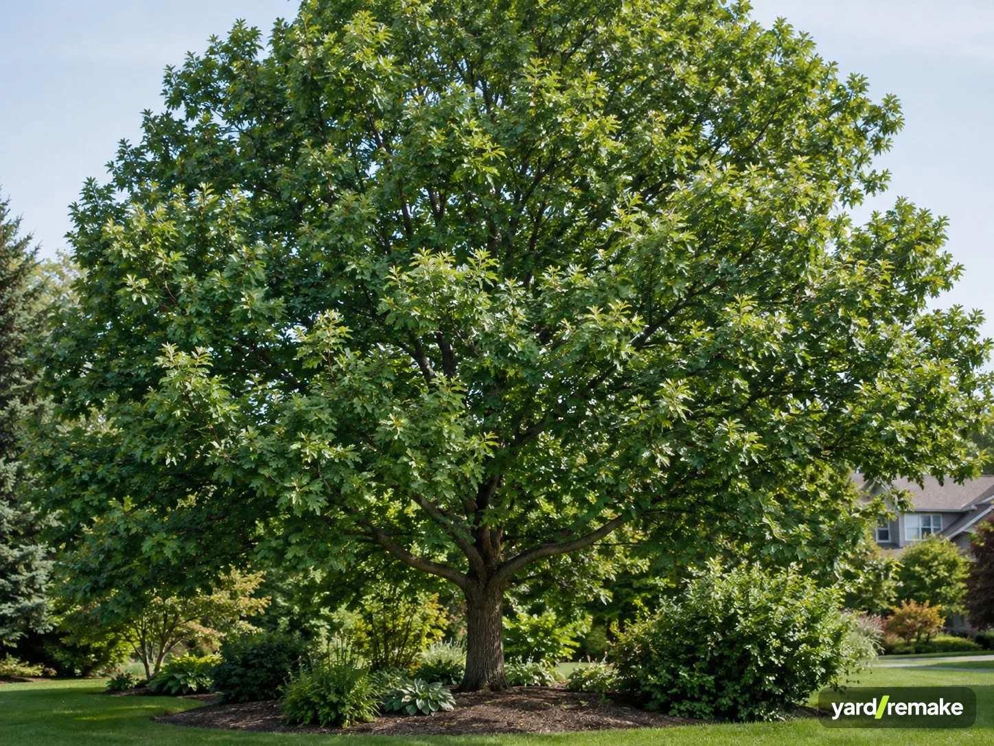 A mature White Oak (Quercus alba) growing in a residential garden bed