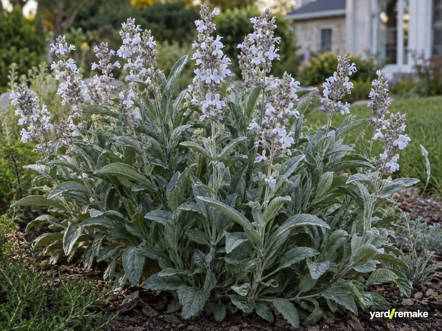 A mature White Sage (Salvia apiana) growing in a residential garden bed