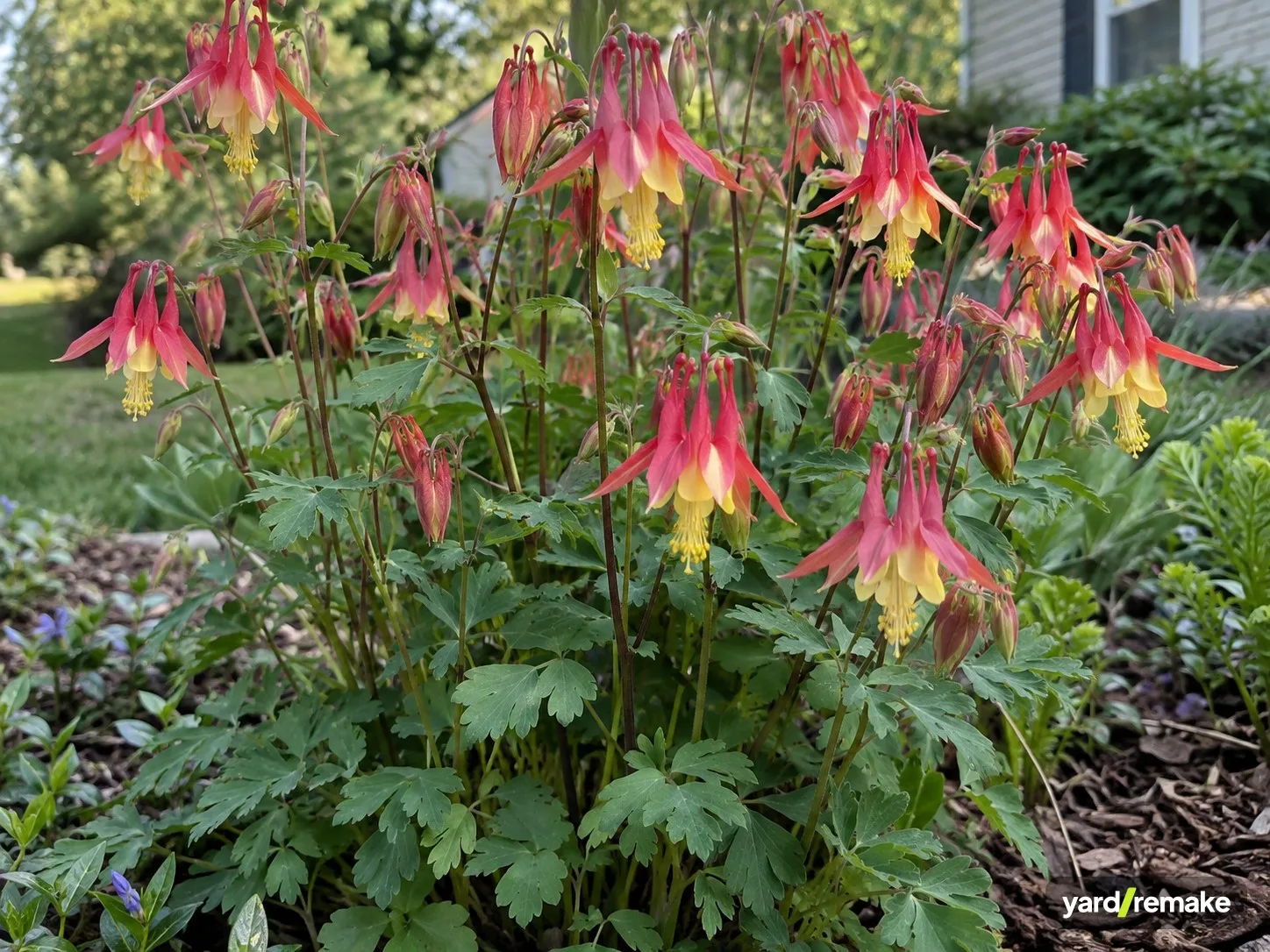 A mature Wild Columbine (Aquilegia canadensis) growing in a residential garden bed