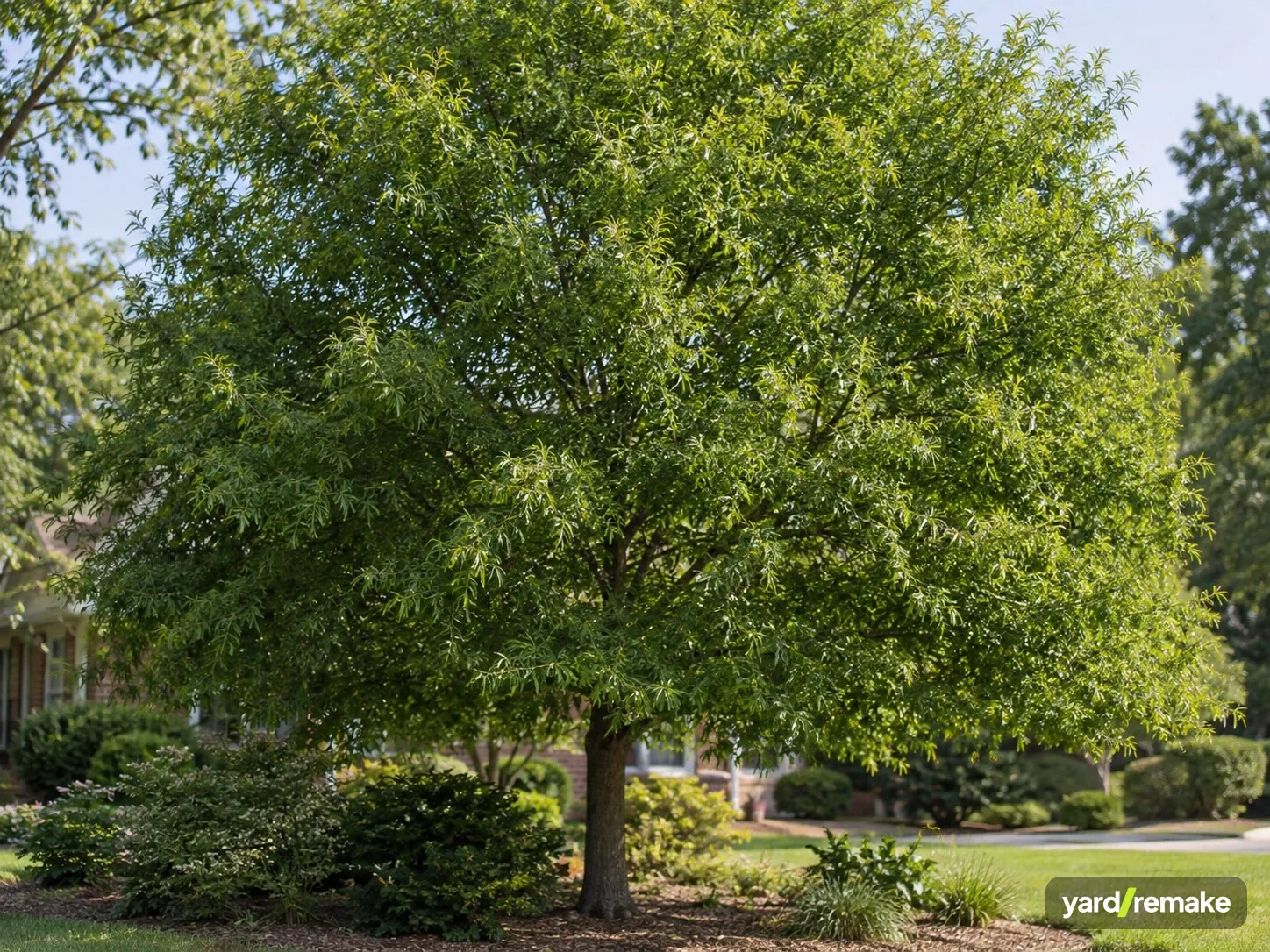 A mature Willow Oak (Quercus phellos) growing in a residential garden bed