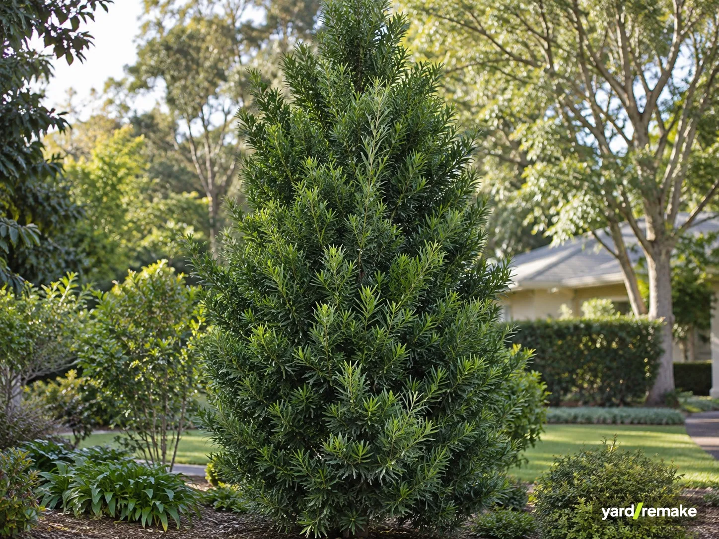 A mature Yew Pine (Podocarpus) (Podocarpus macrophyllus) growing in a residential garden bed