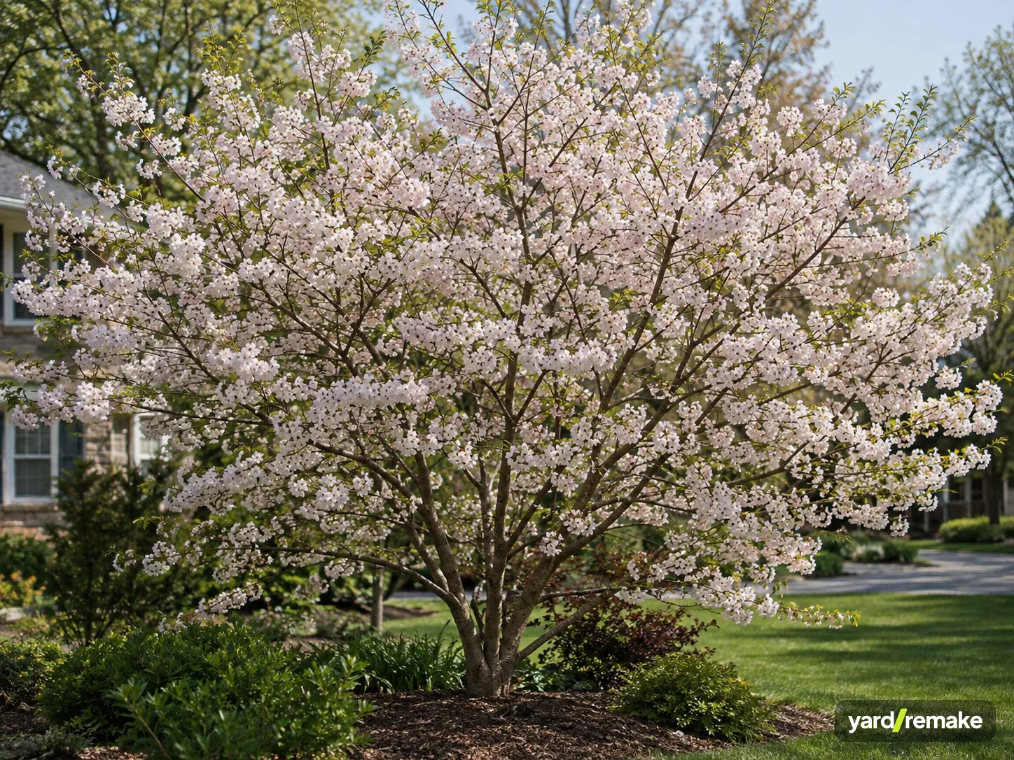 A mature Yoshino Cherry (Prunus × yedoensis) growing in a residential garden bed