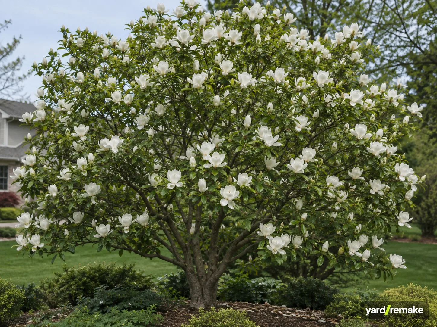 A mature Yulan Magnolia (Magnolia denudata) growing in a residential garden bed