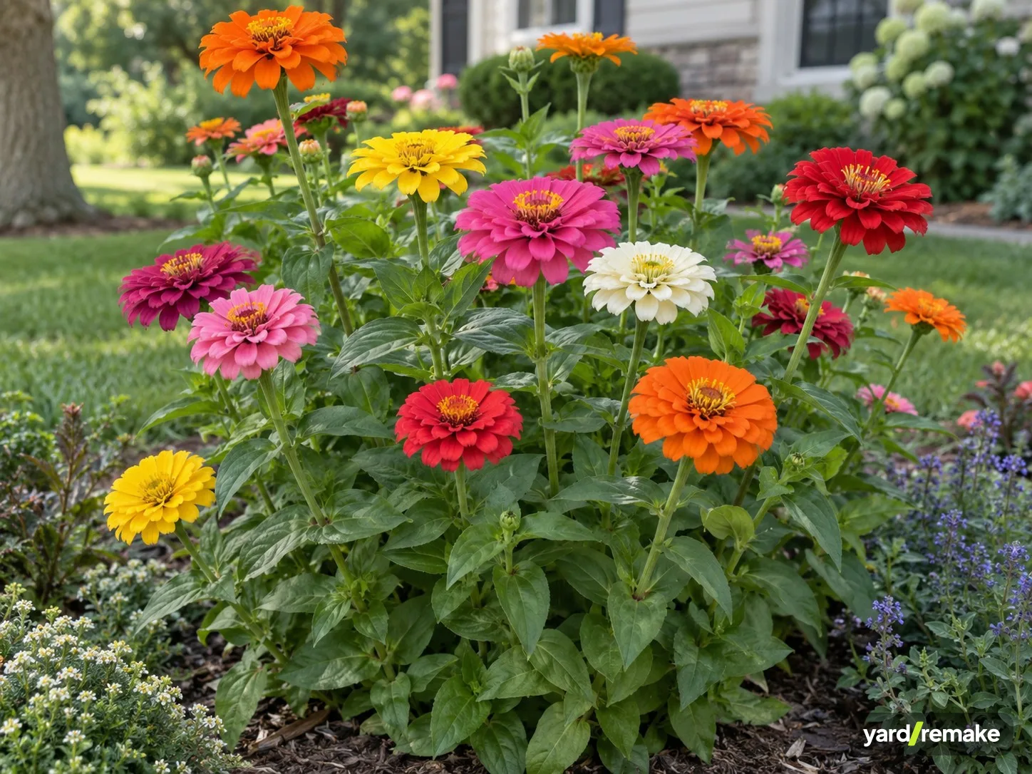 A mature Zinnia (Zinnia elegans) growing in a residential garden bed