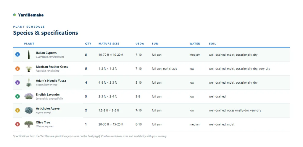 The plant schedule page listing each species with botanical name, quantity, mature size, USDA zone, sun, water and soil
