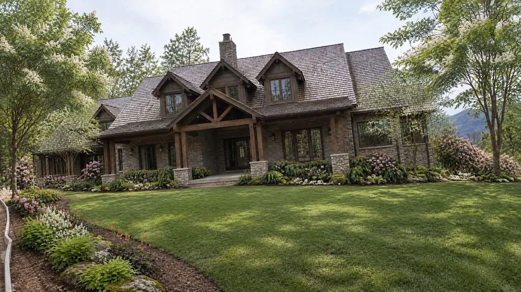 Blue Ridge stone house, rhododendrons — the finished design