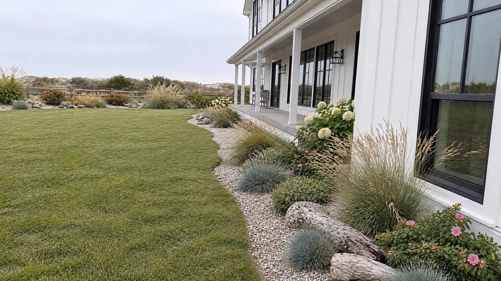 Board-and-batten beach house, dune border — the finished design