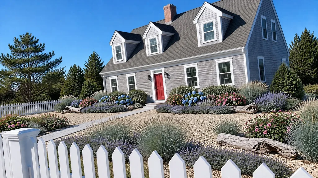Cape Cod shingle cottage, blue hydrangeas — the finished design