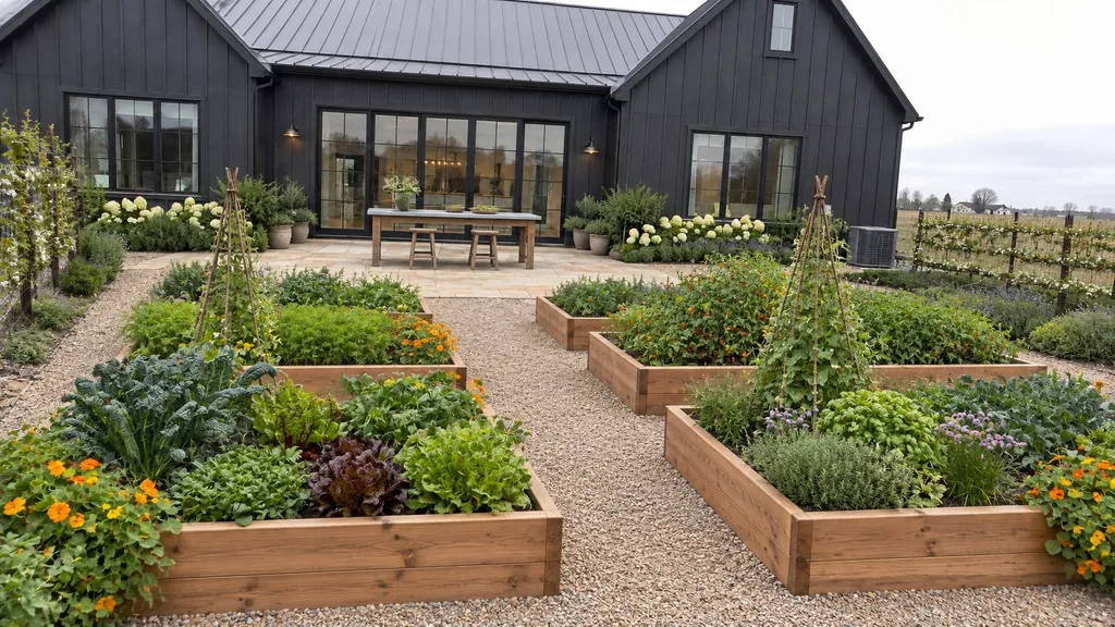 Charcoal barn house, kitchen garden — the finished design