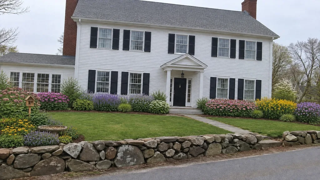 White colonial, pollinator borders — the finished design