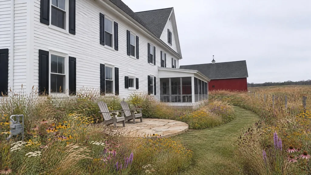 Clapboard farmhouse, meadow terrace — the finished design